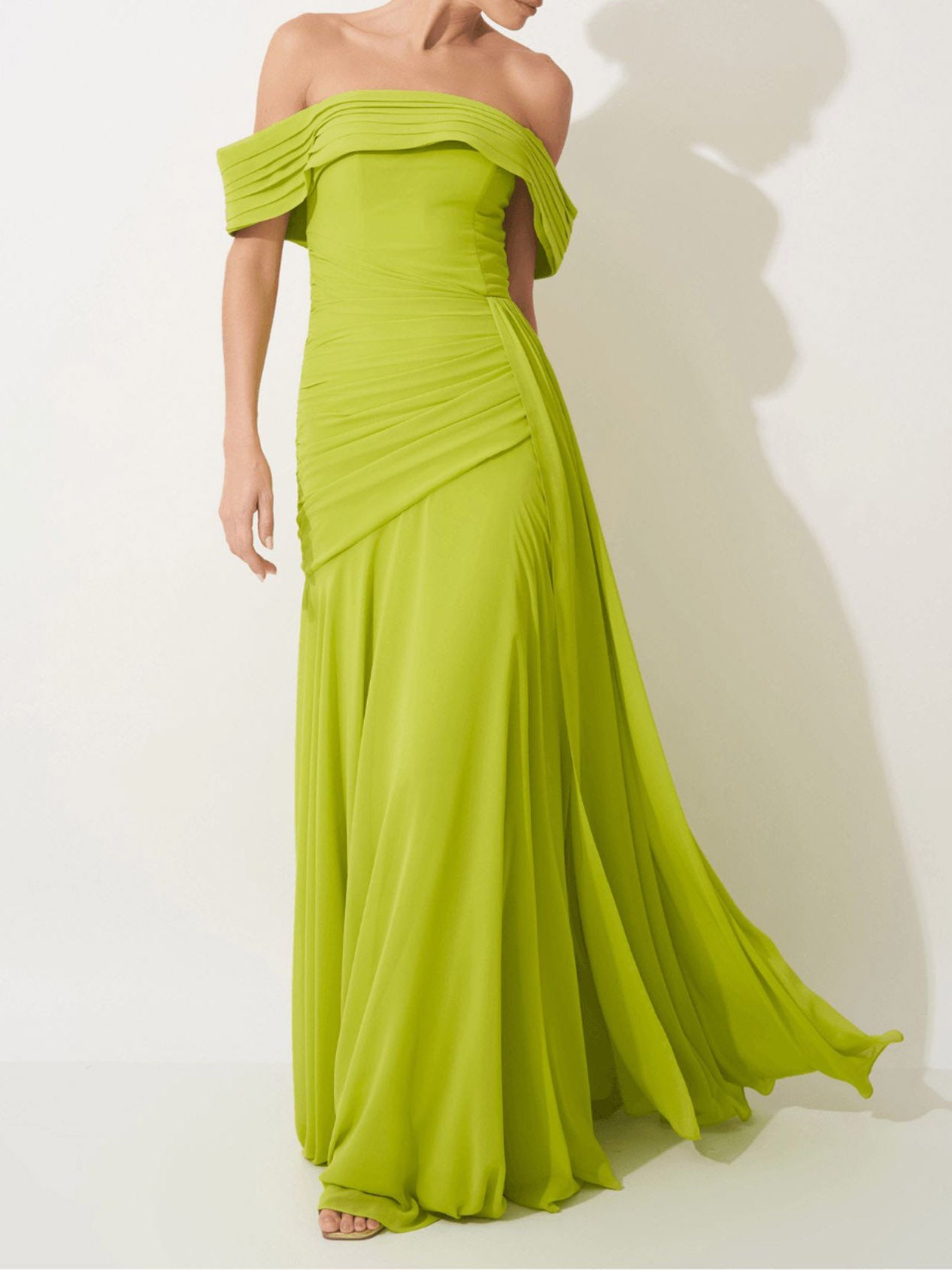 Elegant Off Shoulder Ruched Chiffon Maxi Dress Green