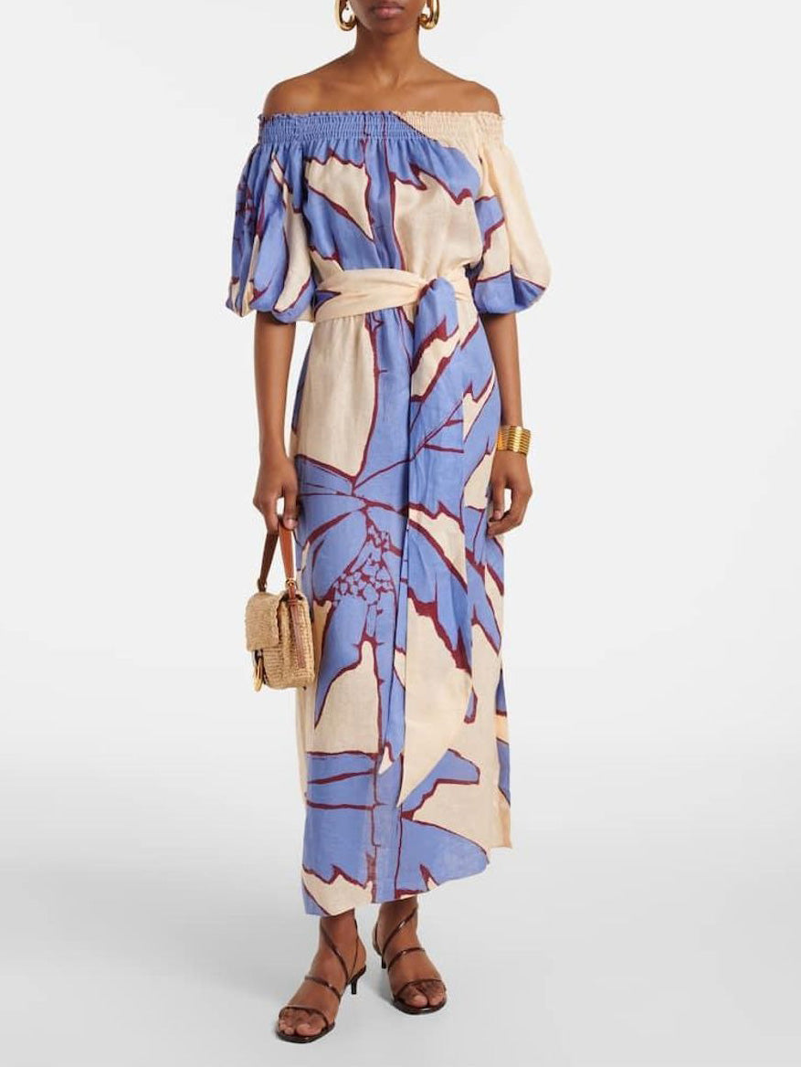 Exquisite Off-the-shoulder Palm Tree Print Maxi Dress Blue