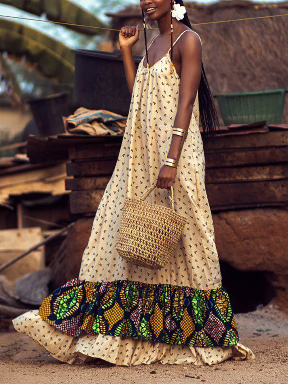 Bohemian Patchwork Print Off-Shoulder Vacation Maxi Dress Beige