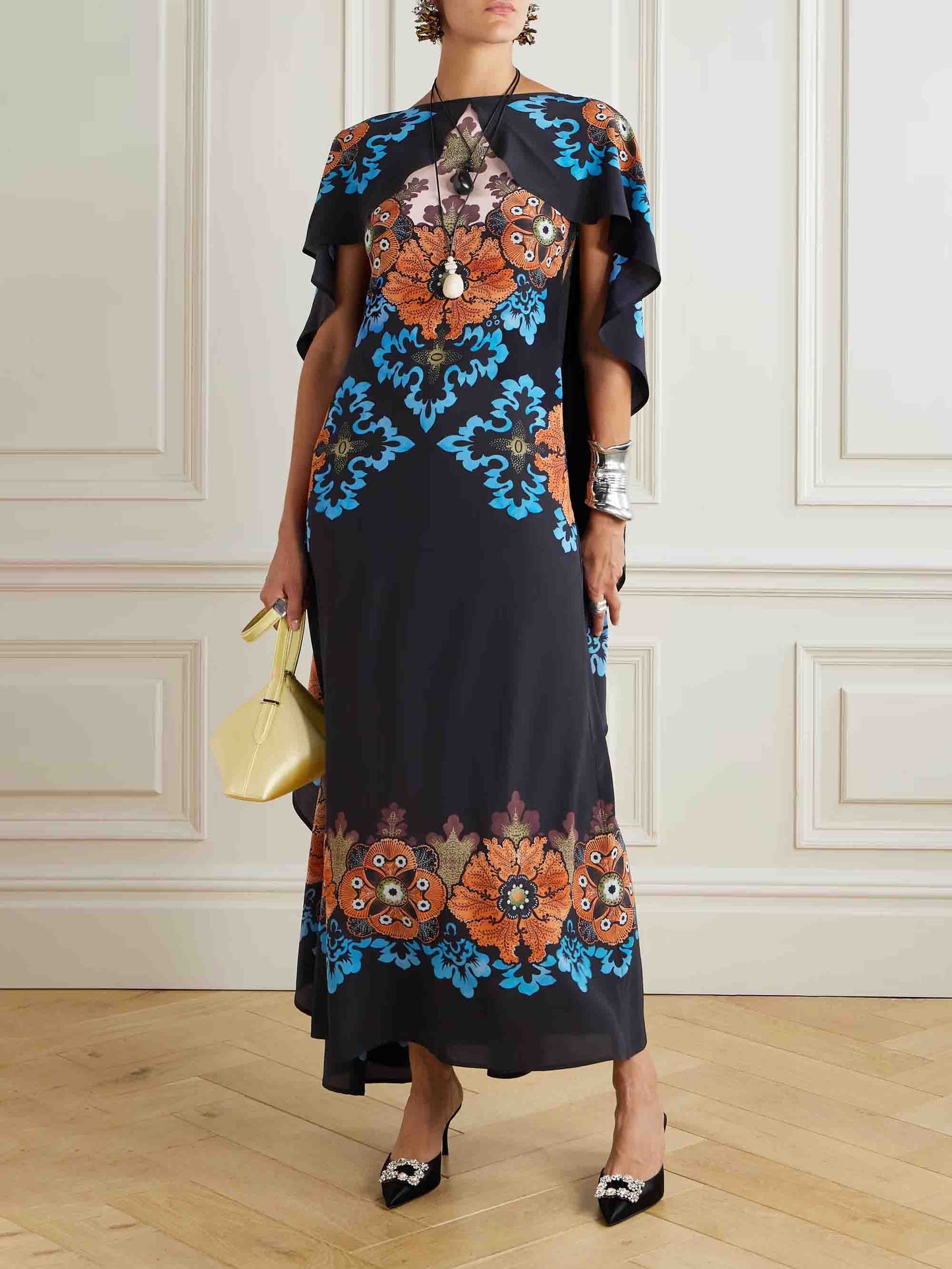 Unique Cape Print Maxi Dress Black
