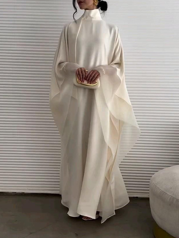 Elegant High-Neck Flowing Cape Maxi Dress Cream