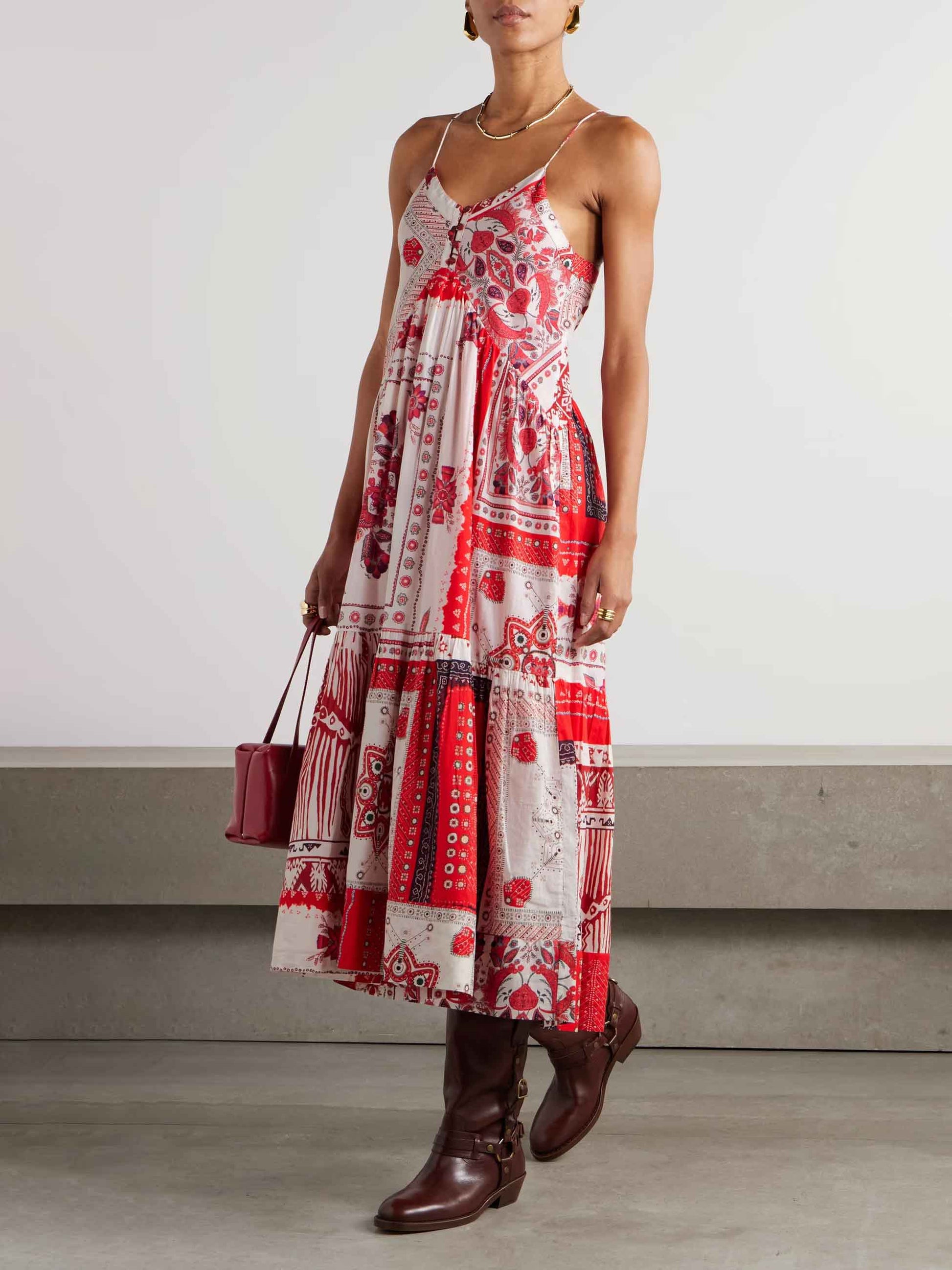 Casual Ethnic Bohemian Print Suspender Maxi Dress Red