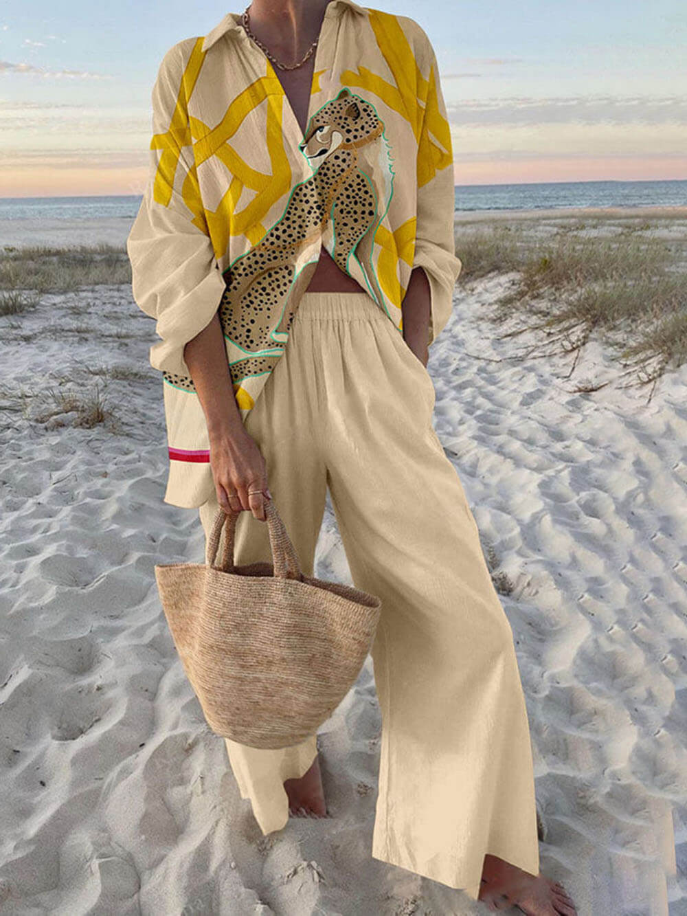 Modern Casual Leopard Print Oversized Shirt and Elastic Waist Pocket Pants Set Multicolor