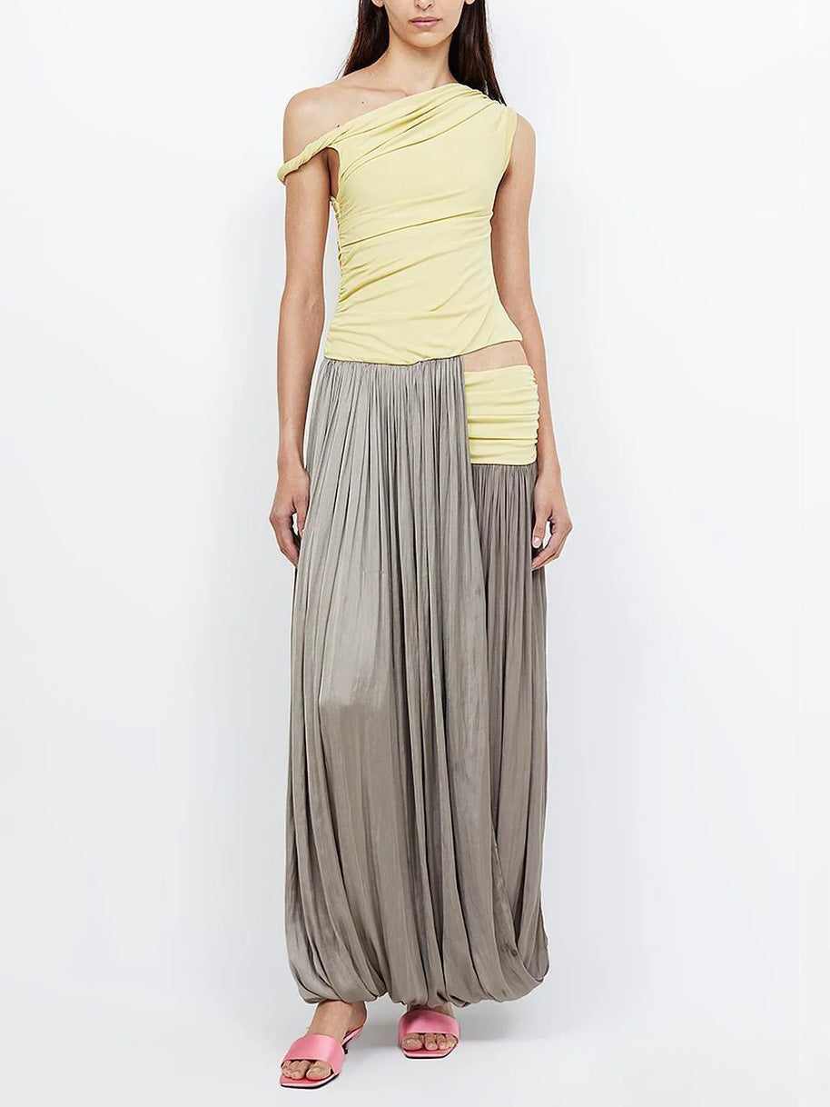 Elegant Boat Neck Pleated Maxi Dress Yellow
