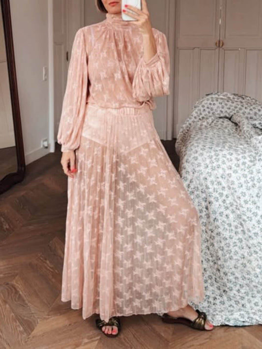 Elegant Mesh Pleated Lace Maxi Skirt