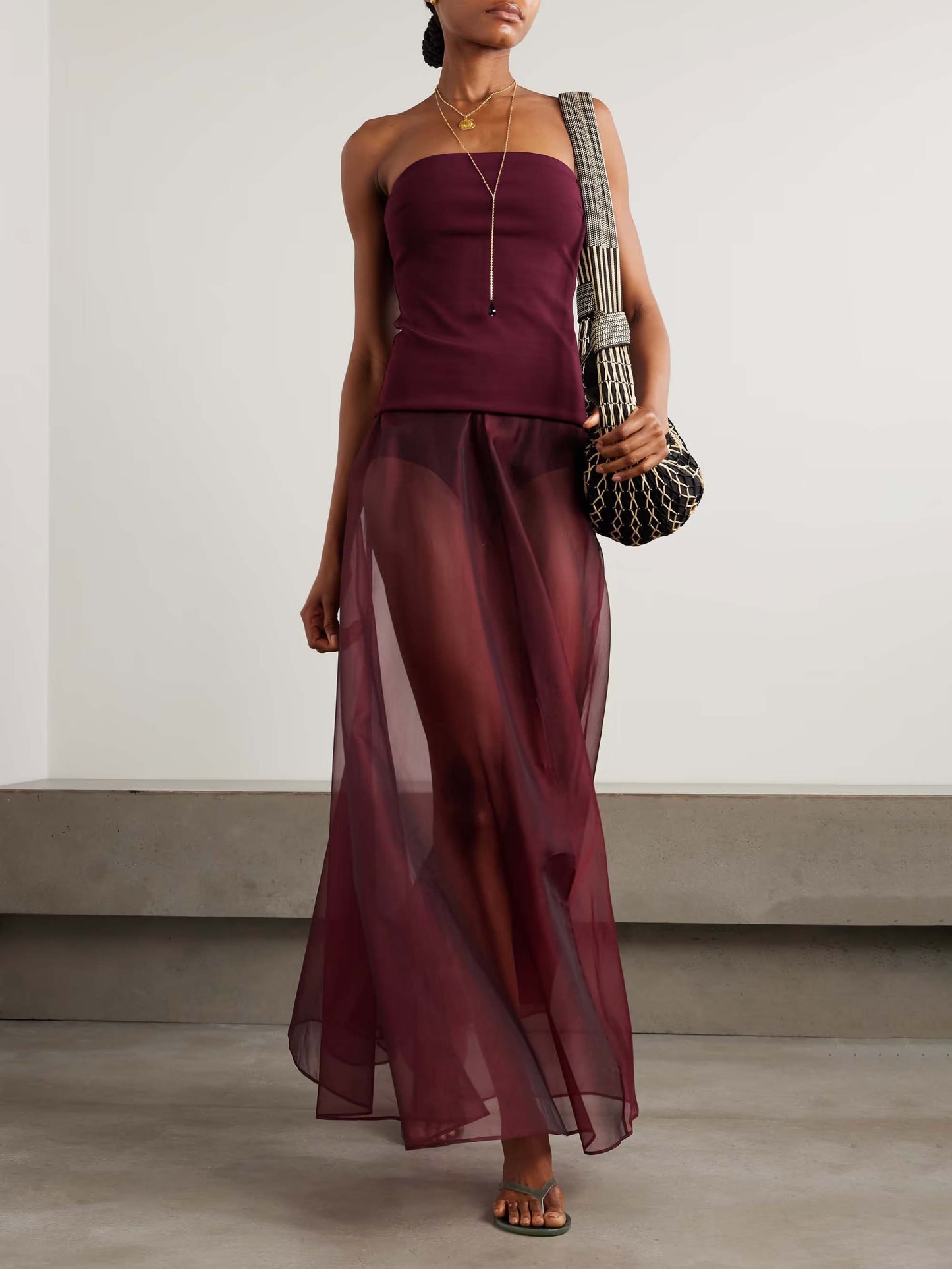 Elegant Strapless Fitted Top And Sheer Maxi Skirt Two-Piece Set Deep Red