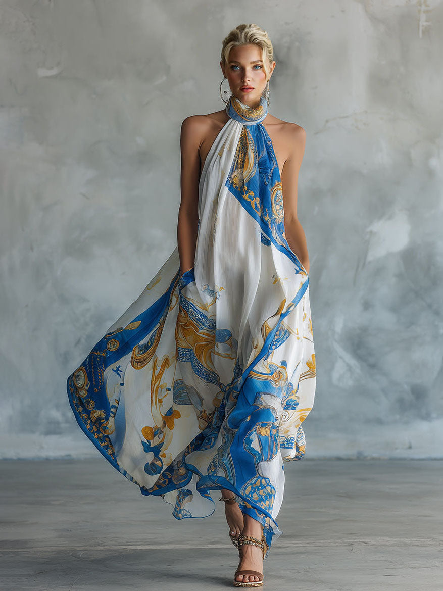 Elegant Baroque Print Chiffon Sleeveless Maxi Dress Blue