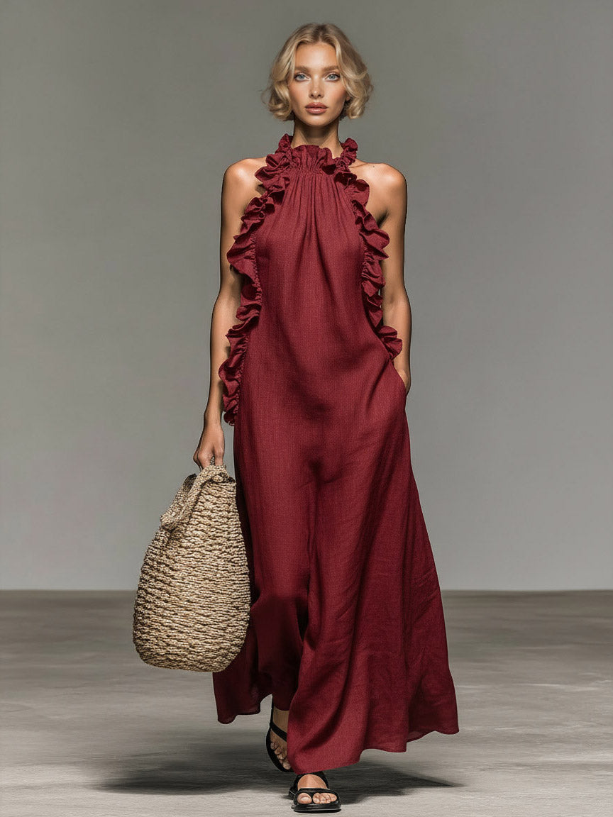 Elegant Ruffle Halter Neck Maxi Dress Red