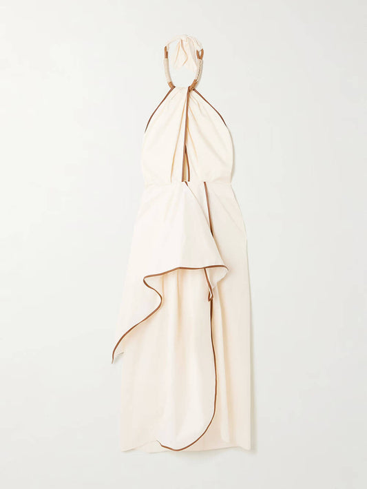 Unique Leather Trimmed Asymmetrical Backless Midi Dress