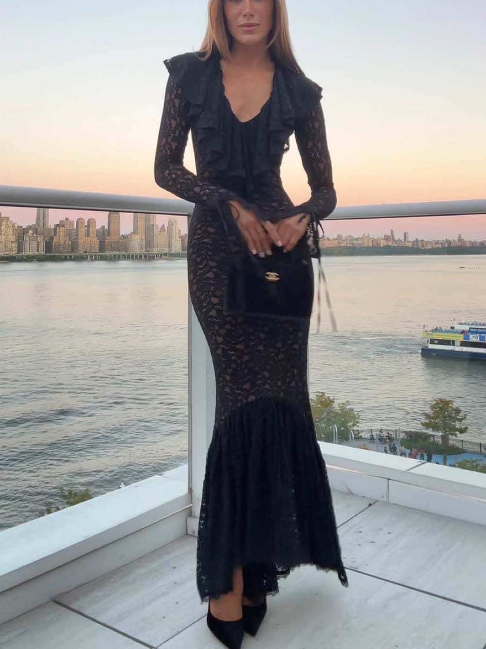 Exquisite Black Lace Ruffle Mermaid Maxi Dress Black