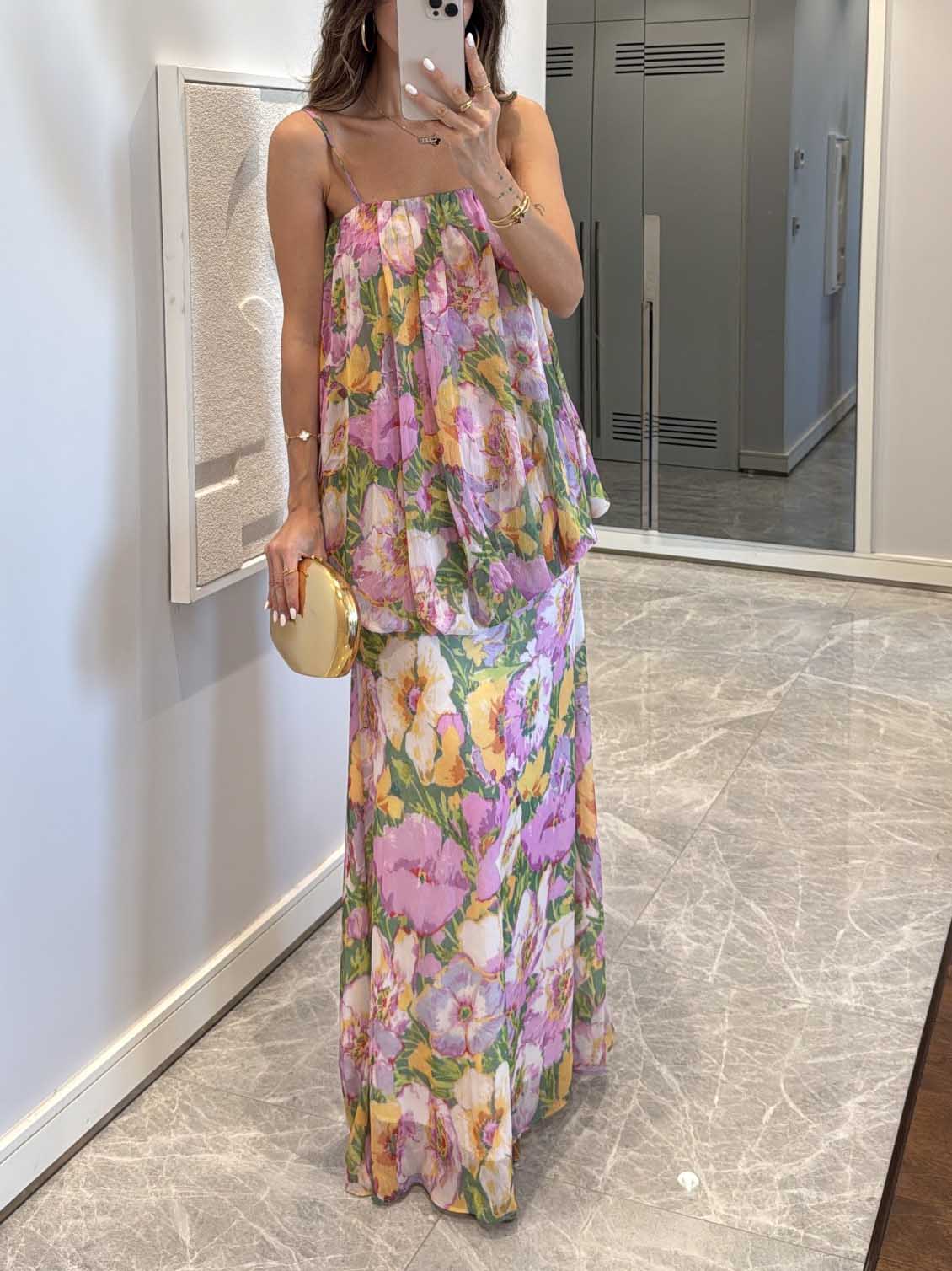 Blooming Garden Floral Two-Piece Cami Top And Maxi Skirt Set Purple