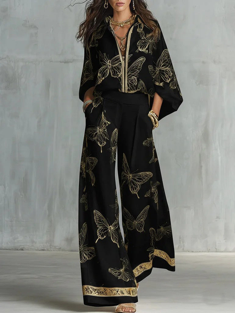 Elegant Butterfly Print Zip-Up Top & Wide Leg Pants Set Black Set