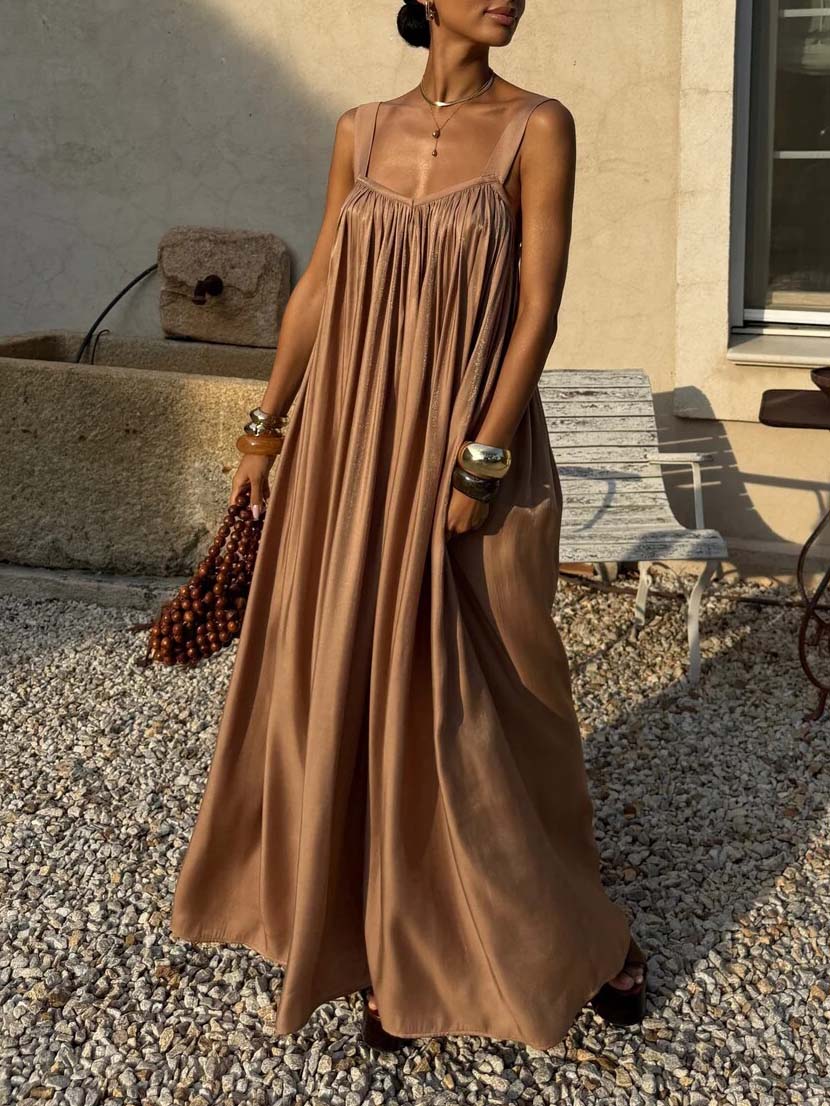 Elegant Flowy Pleated Spaghetti Strap Maxi Dress Brown