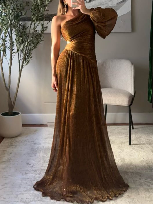 Elegant One-Shoulder Metallic Long Sleeve Evening Maxi Dress Bronze