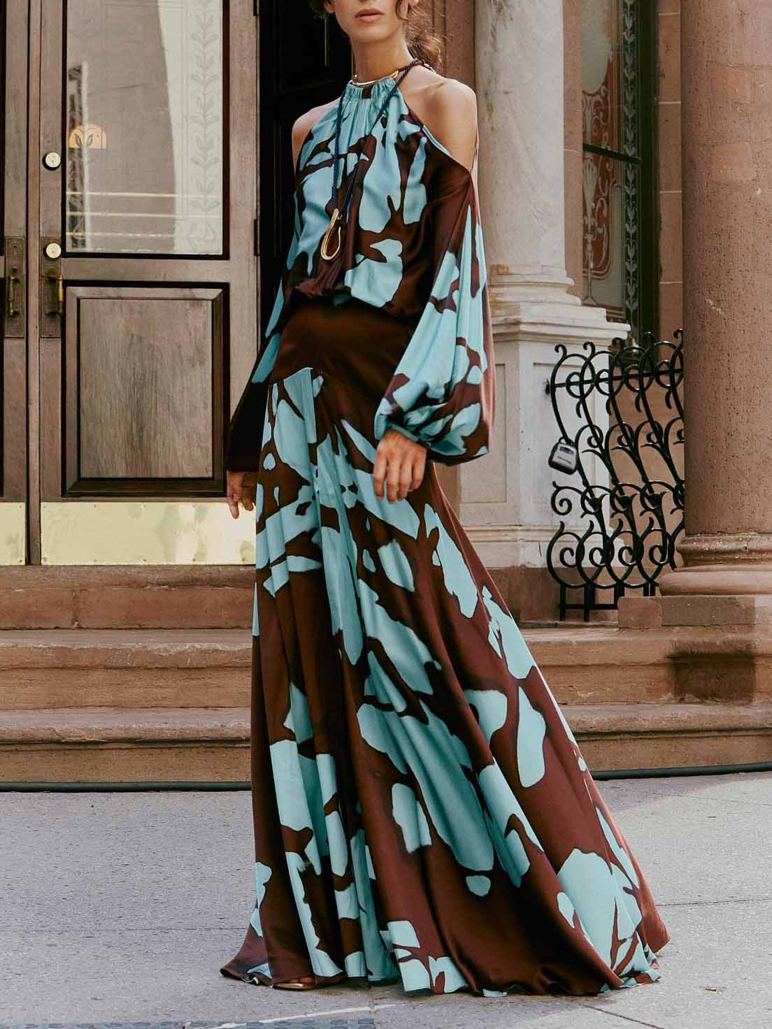 Elegant Cold Shoulder Abstract Print Maxi Dress Brown