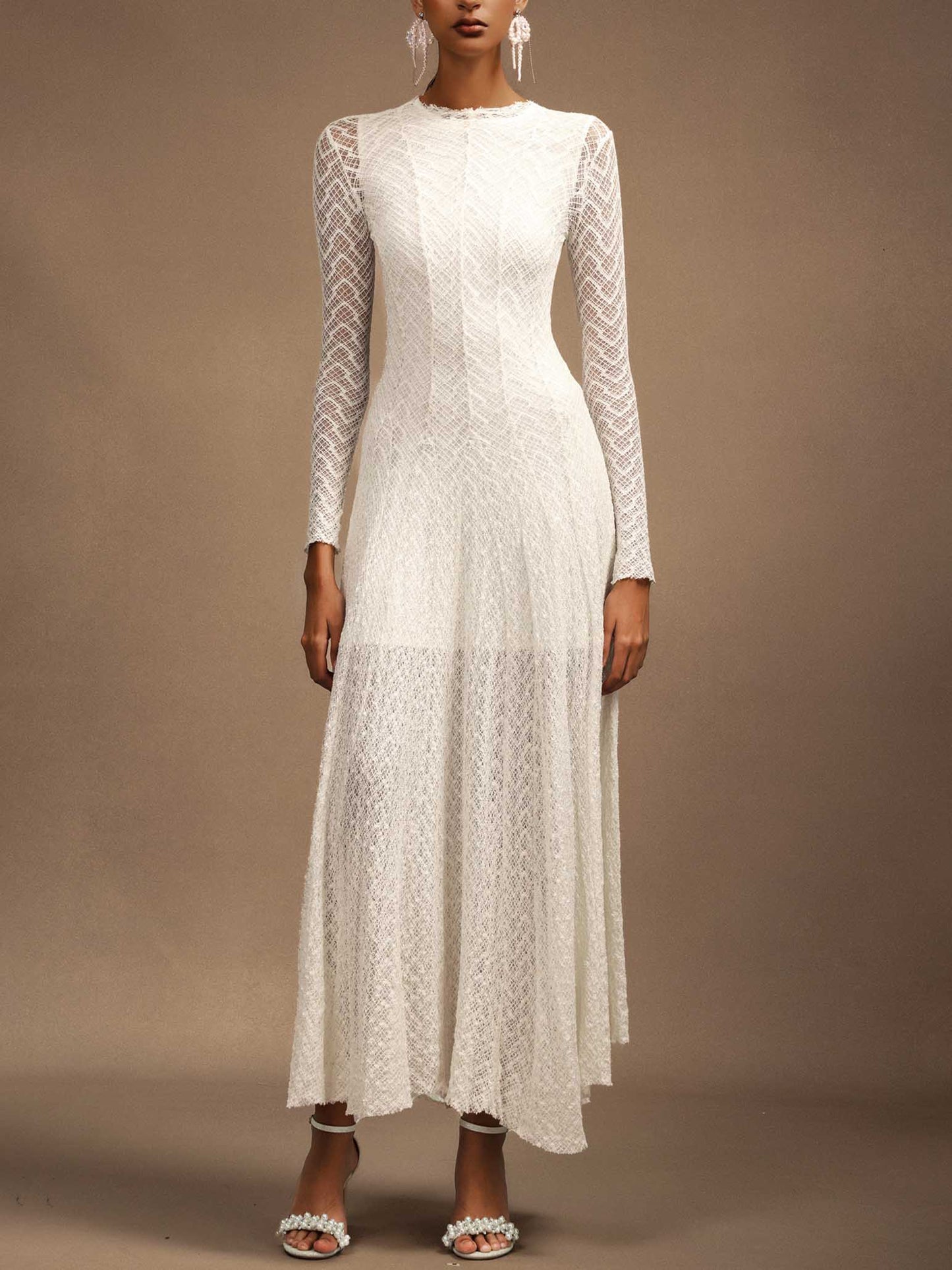 Elegant Lace Round Neck A-Line Maxi Dress White