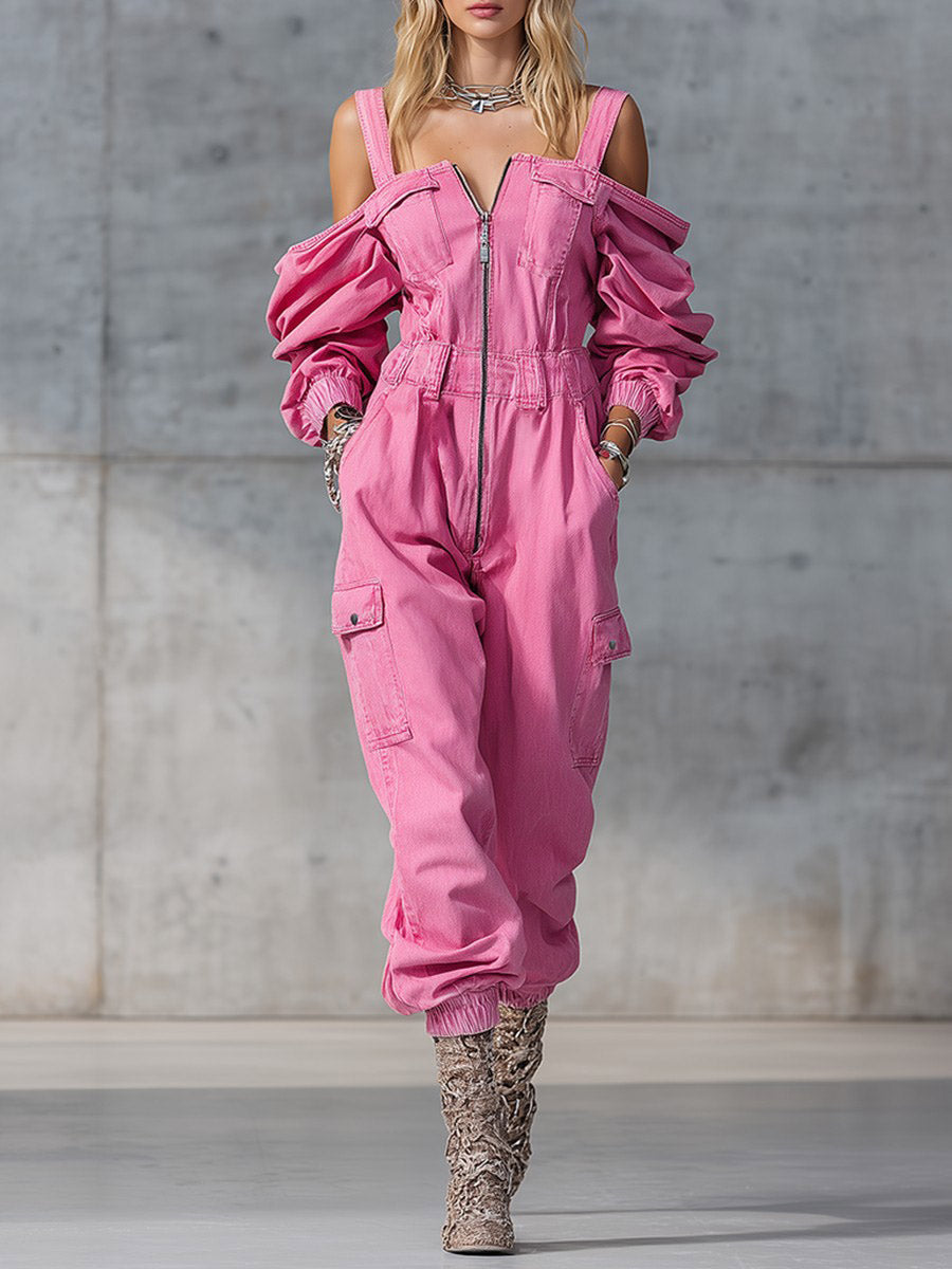 Stylish Off-shoulder Stretch Waist Zipper Jumpsuit Pink