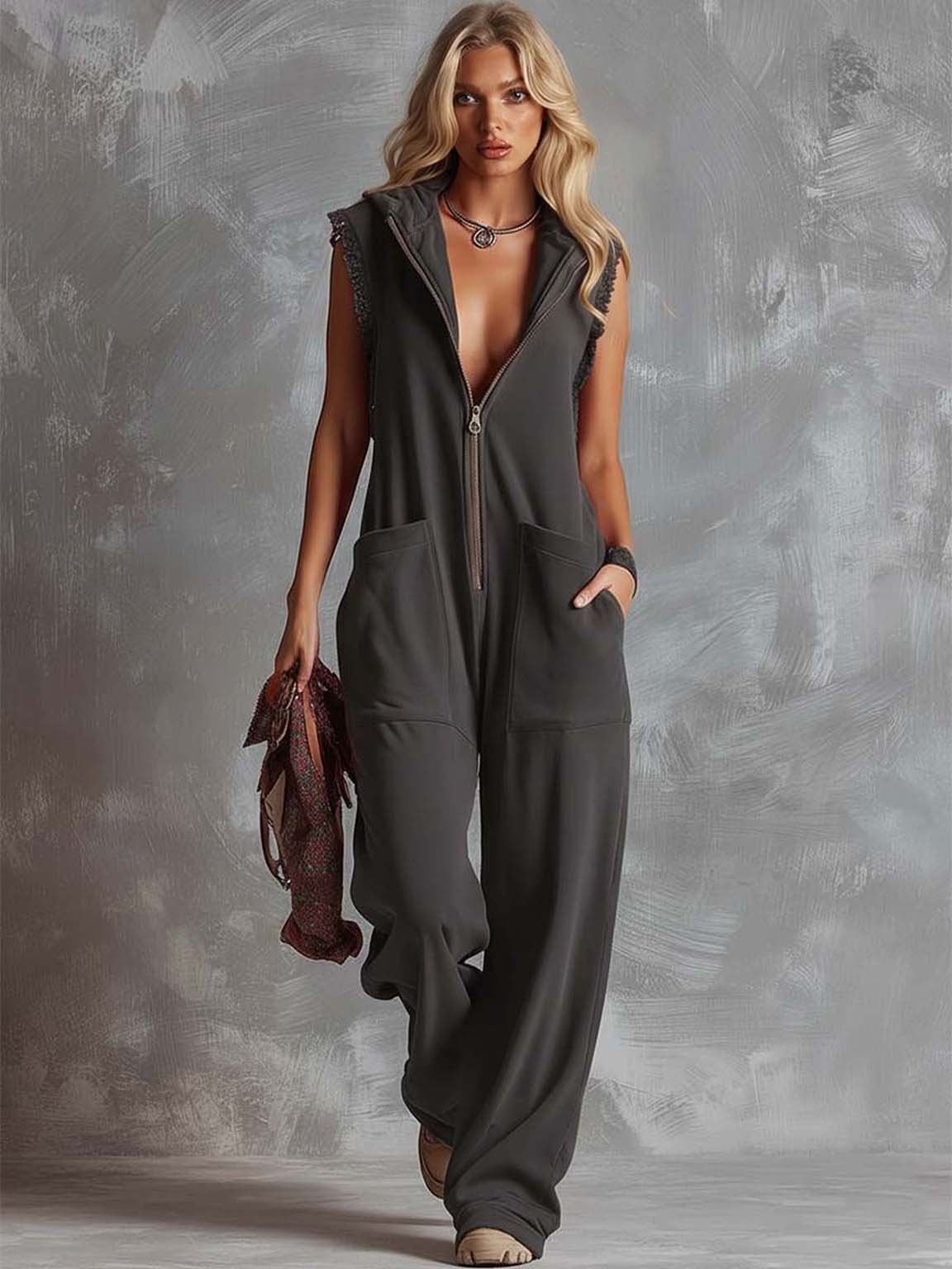 Retro Hooded V-Neck Zip-Front Jumpsuit Dark Gray