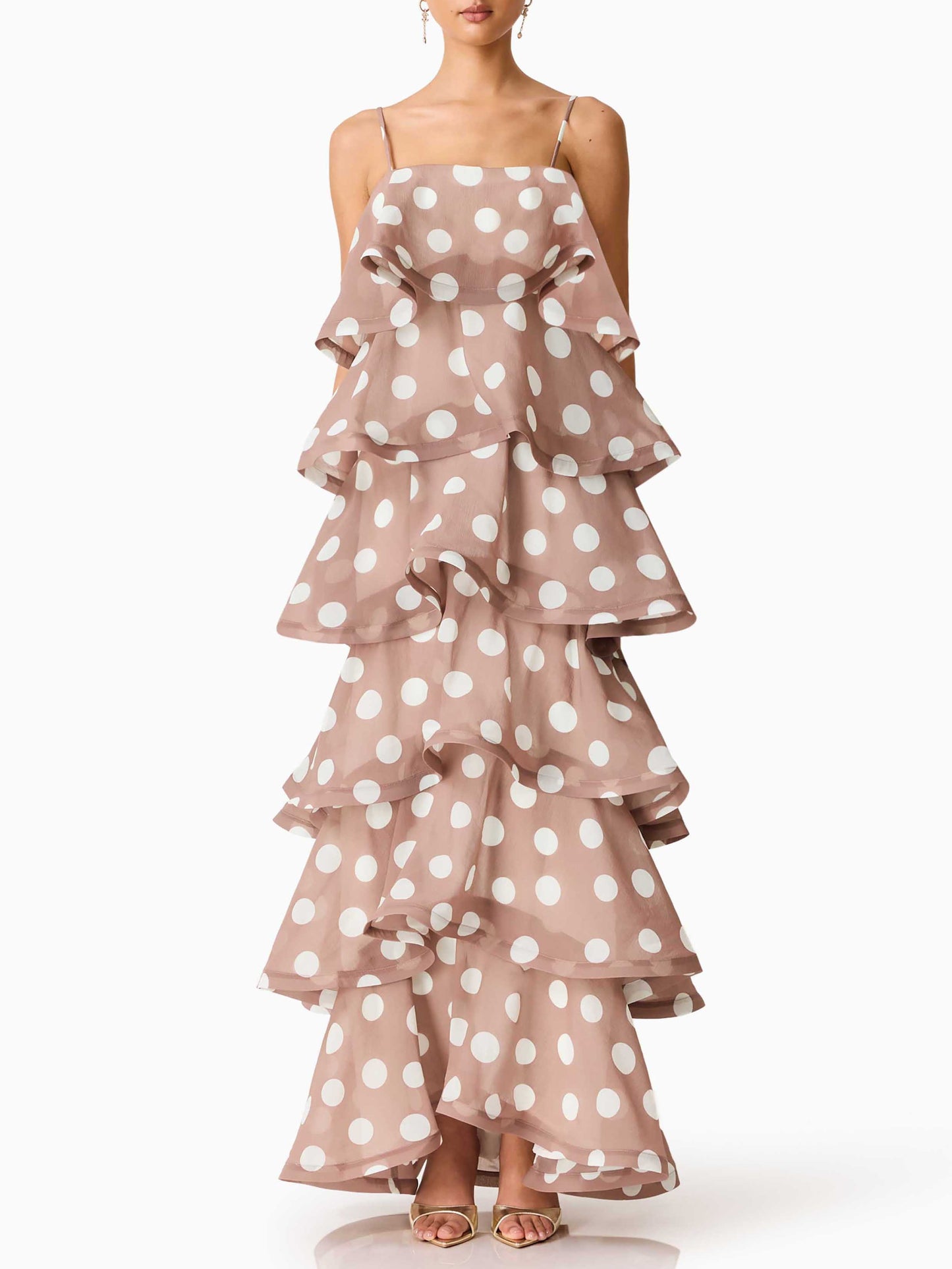 Elegant Polka Dot Tiered Ruffle Maxi Dress Brown