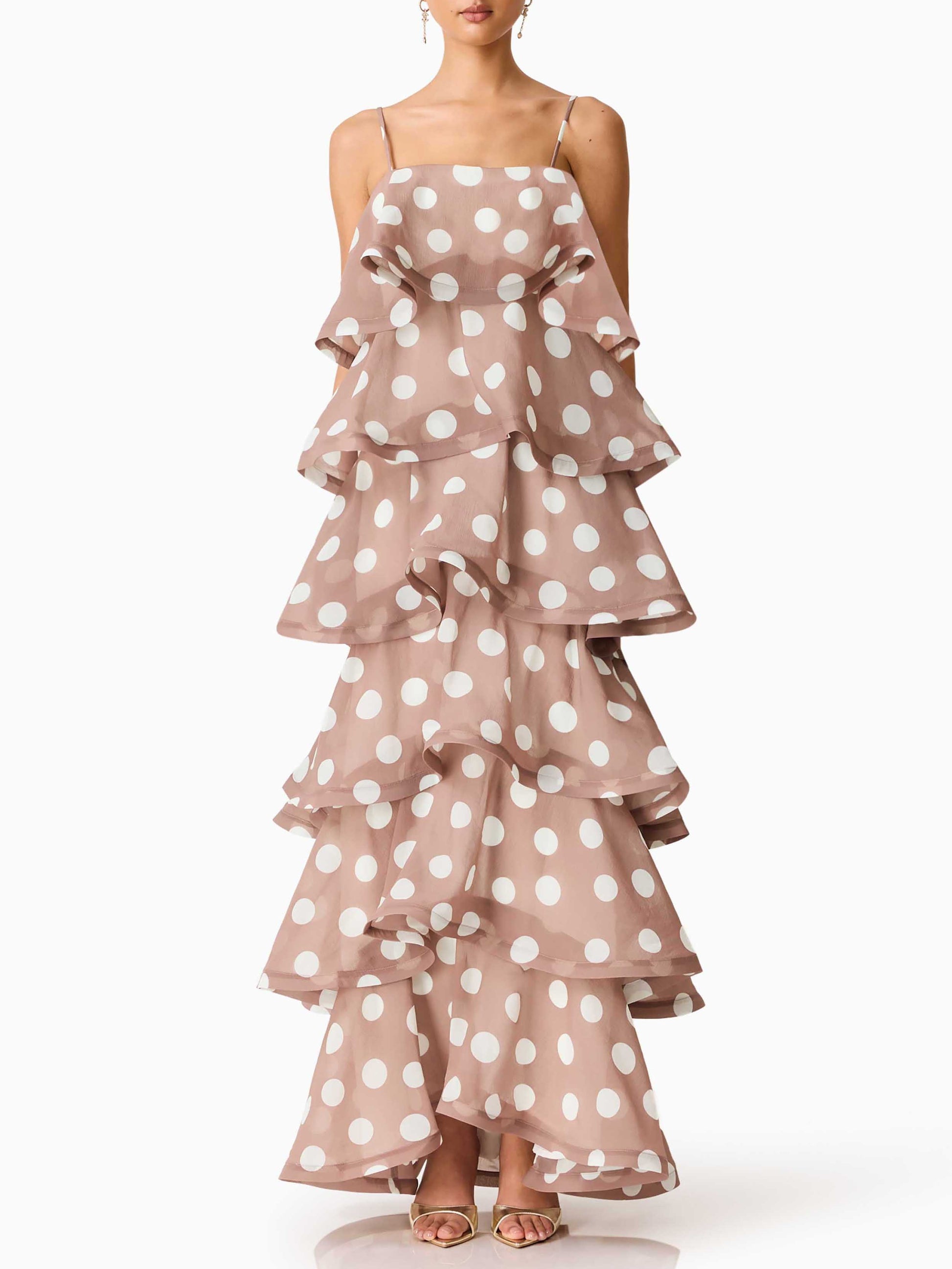 Elegant Polka Dot Tiered Ruffle Maxi Dress Brown