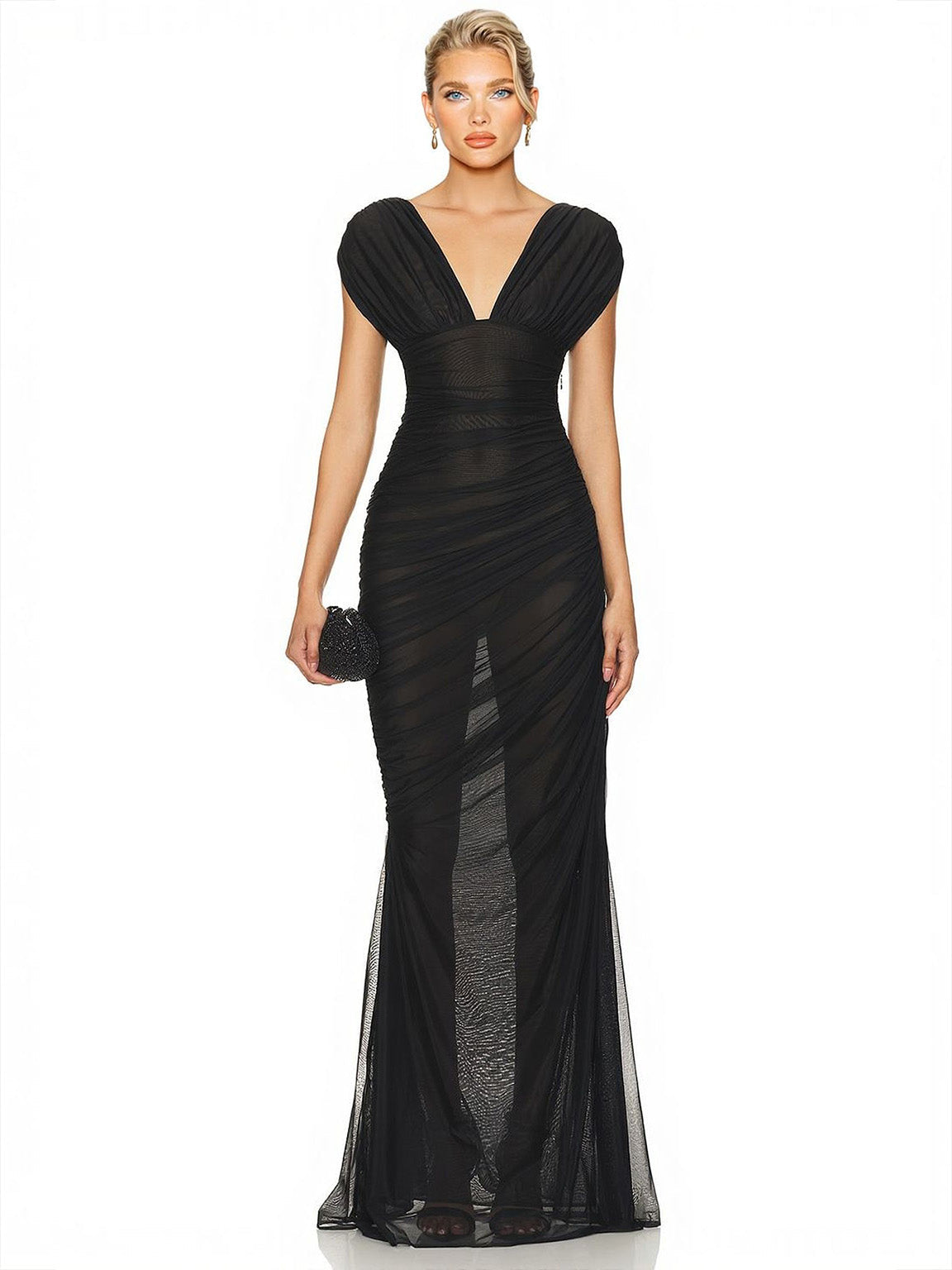 Elegant Sheer Mesh Ruched Deep V-Neck Maxi Dress Black
