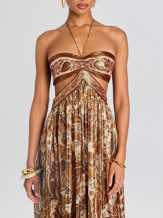 Elegant Hollow Print Halter Neck Backless Maxi Dress