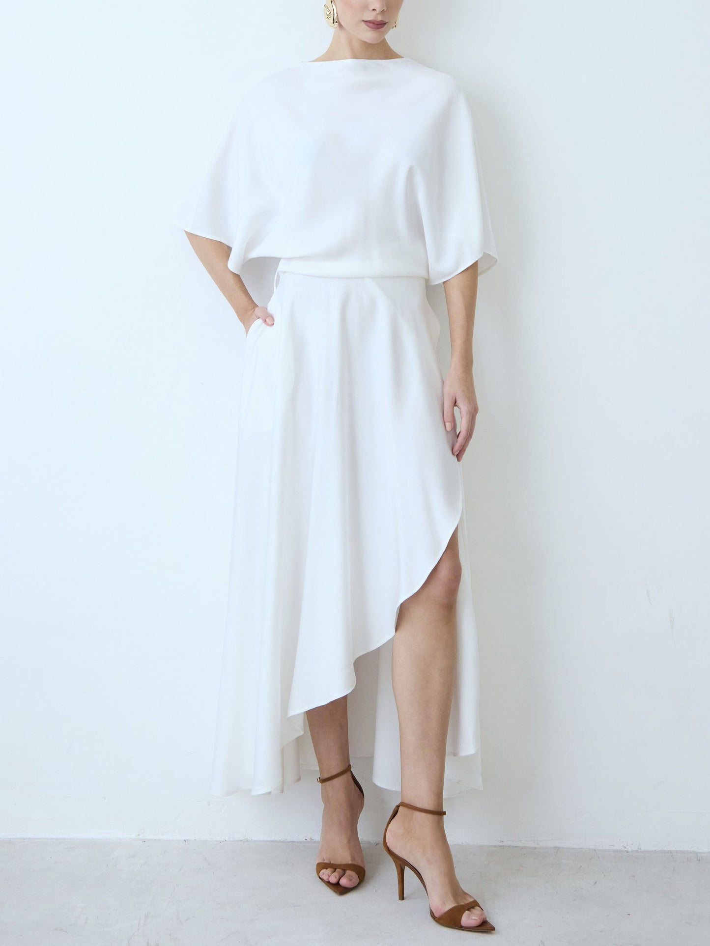 Elegant Satin Flowing Wrap Midi Dress White