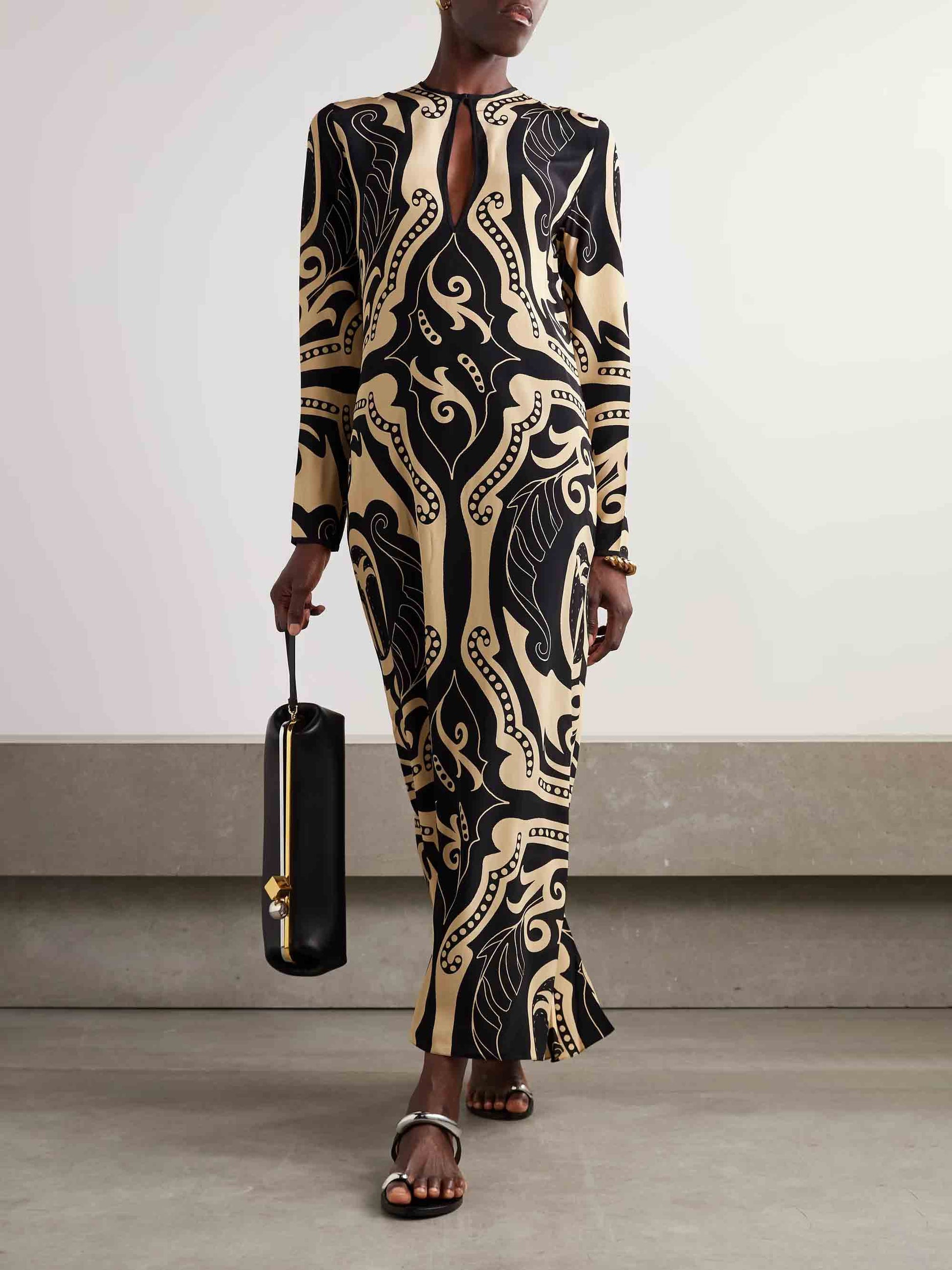 Retro Botanical Print Long-sleeved Maxi Dress Black