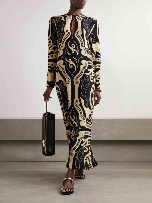 Retro Botanical Print Long-sleeved Maxi Dress Black