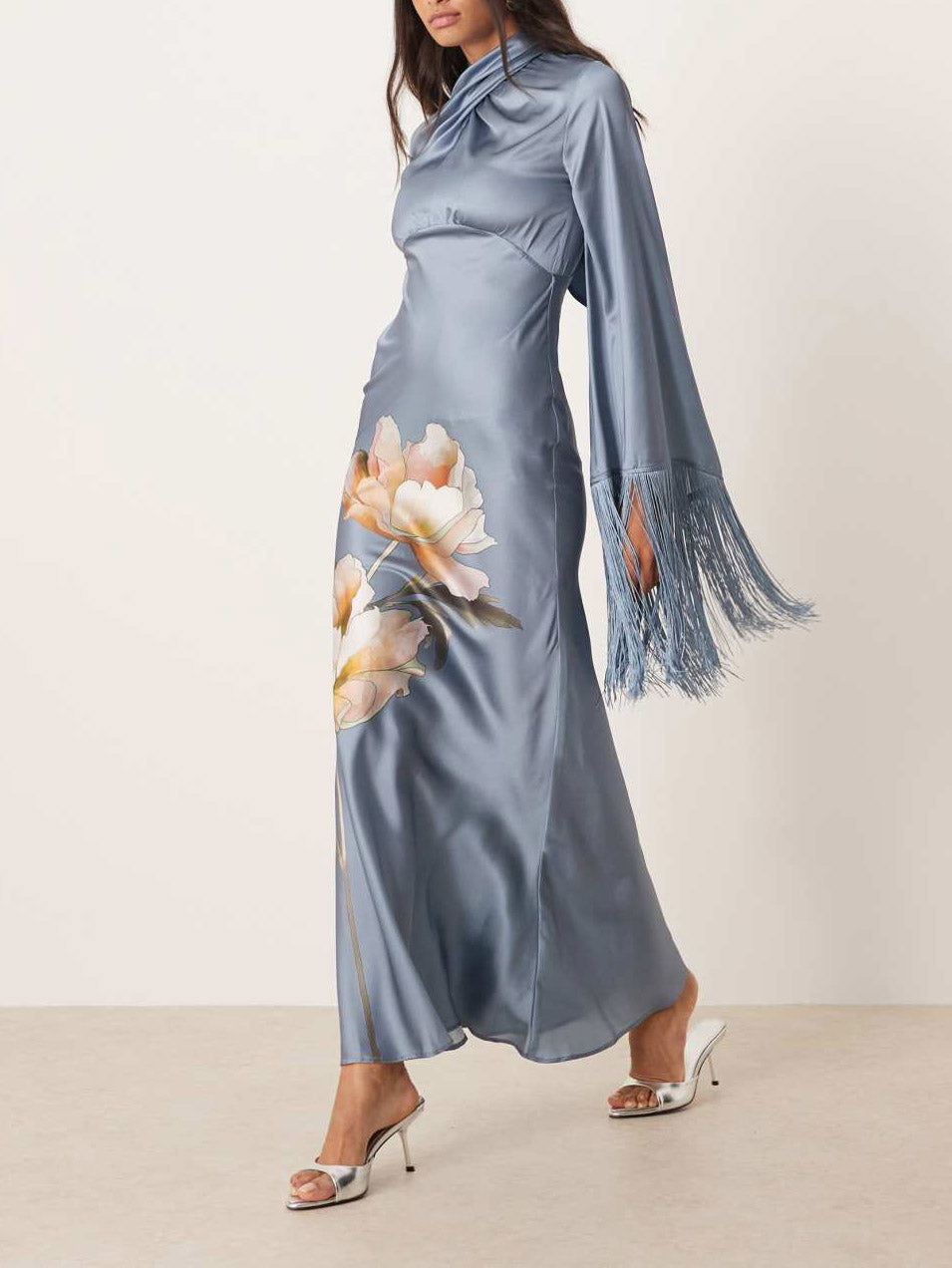 Elegant Satin Printed Tassel Maxi Dress Blue