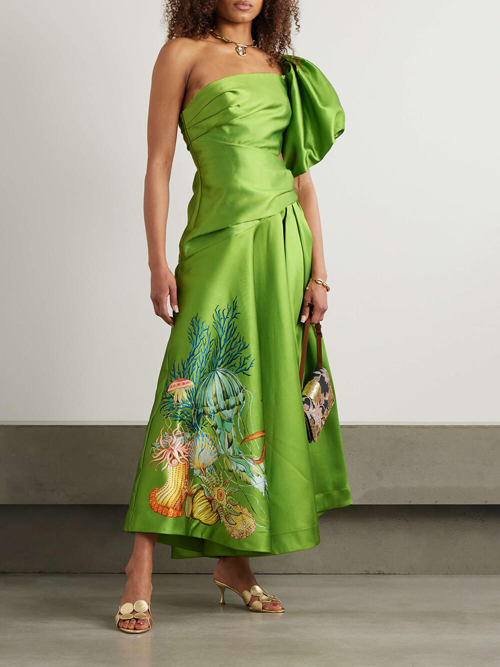 Unique One-Shoulder Gathered Printed Satin-Twill Maxi Dress Green