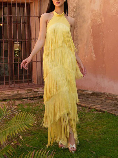 Elegant Halter Neck Tassel Party Maxi Dress Yellow