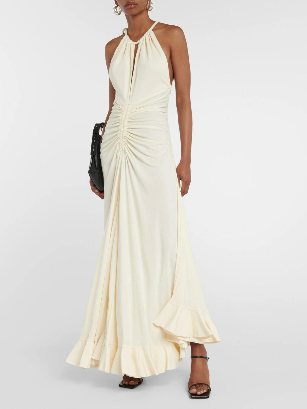 Elegant Halter Neck Drawstring Maxi Dress White