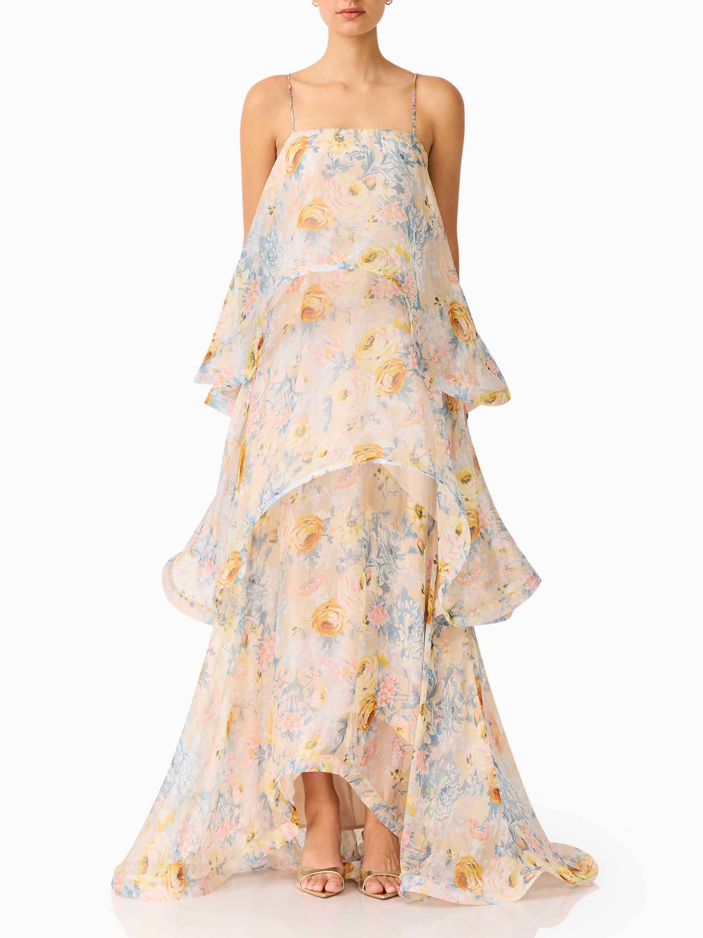 Elegant Floral Print Layered Chiffon Flowing Maxi Dress Multi