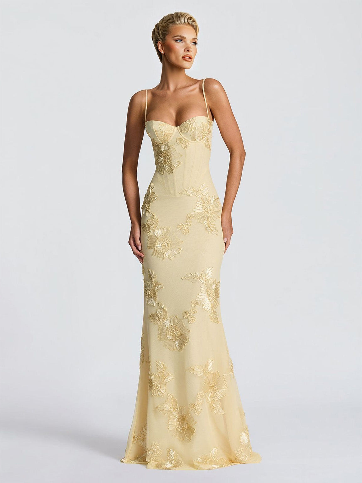 Elegant Floral Embroidered Spaghetti Strap Mermaid Maxi Dress Yellow