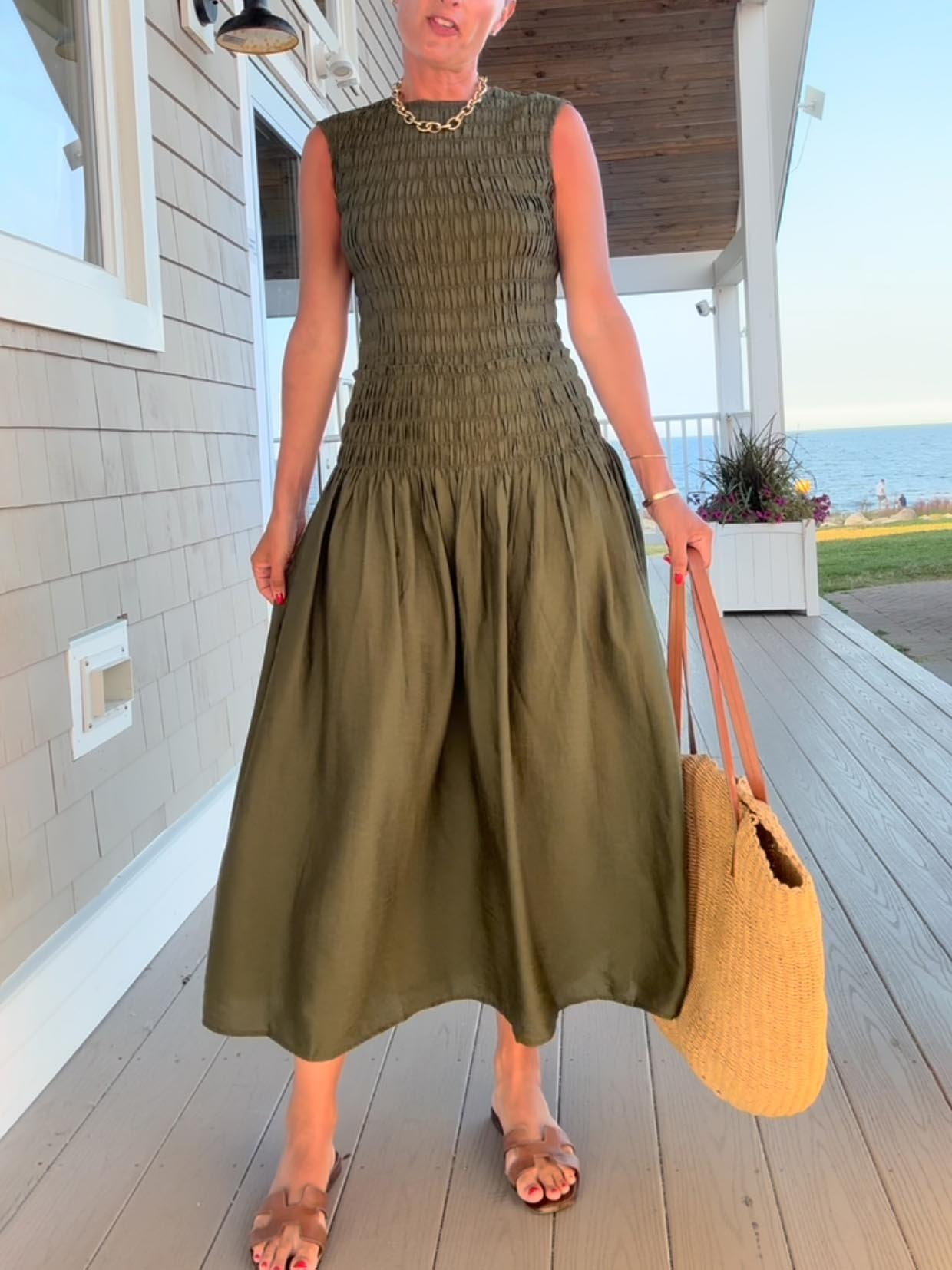 Casual Elegance Pleated Sheath Maxi Dress Dark Green