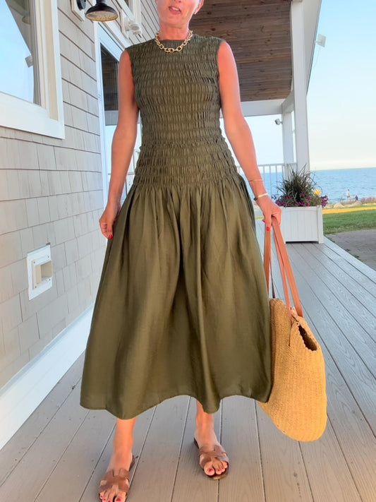 Casual Elegance Pleated Sheath Maxi Dress Dark Green