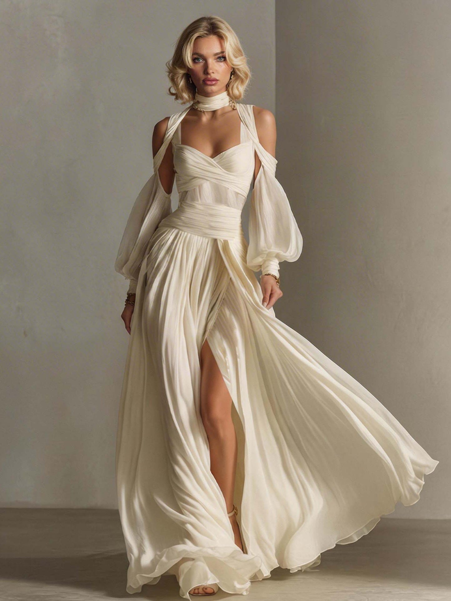 Elegant Off-Shoulder Puff Sleeve High-Slit Flowing Maxi Dress Beige