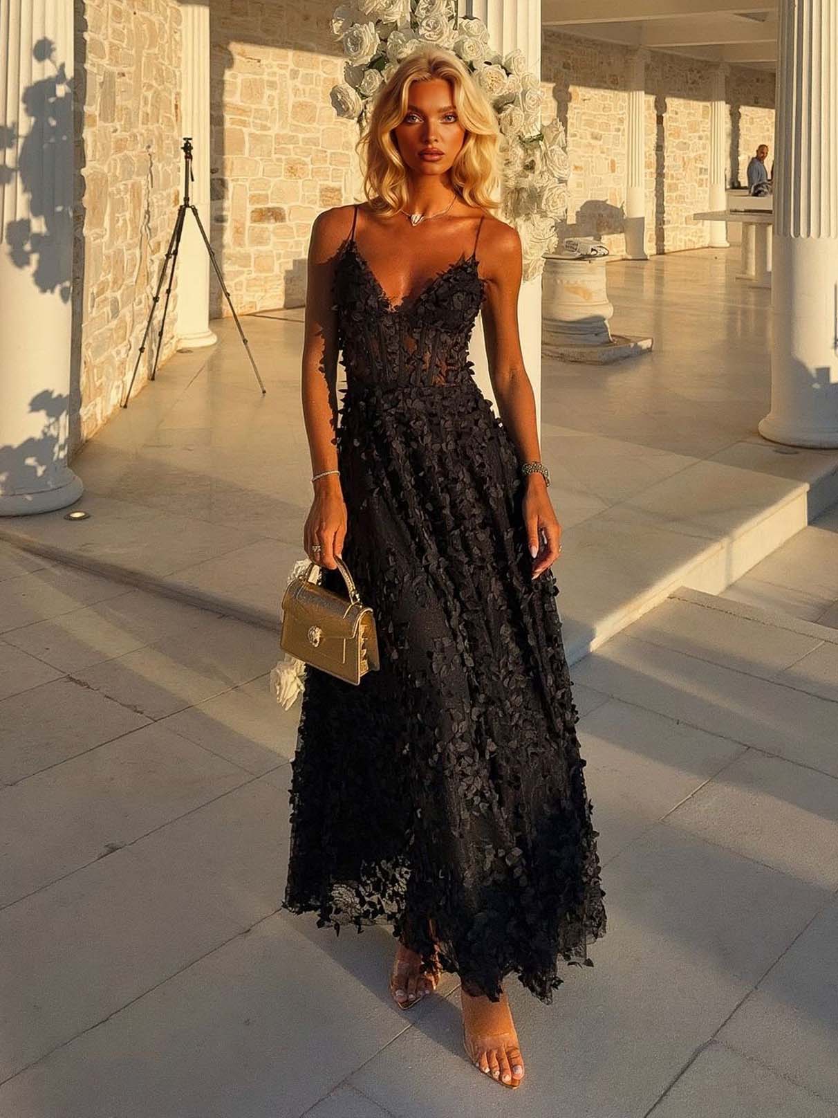 Elegant Lace Floral Applique A-Line Maxi Dress