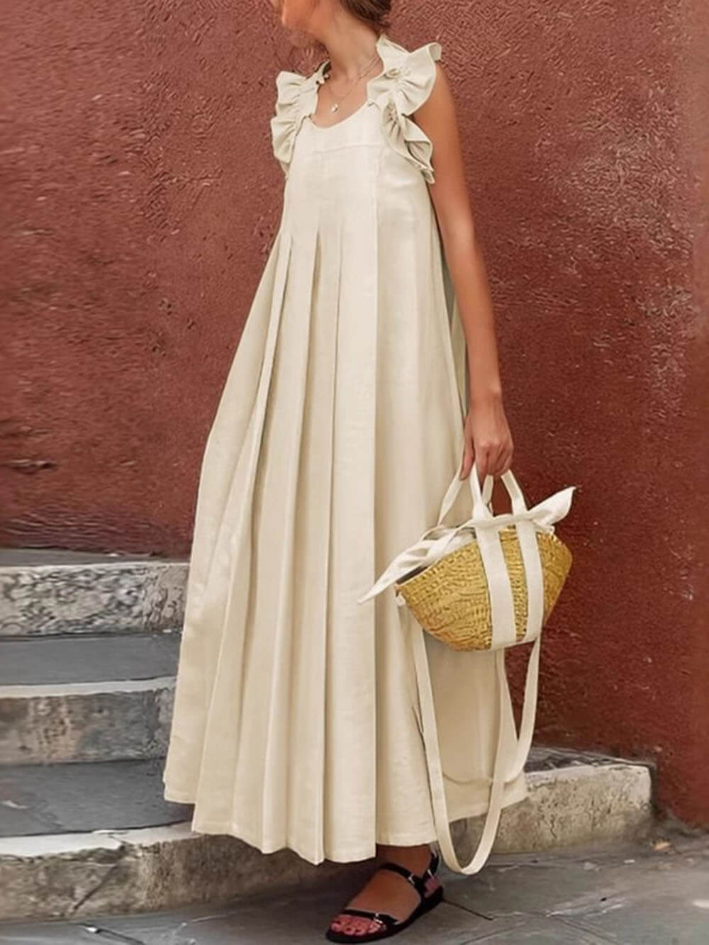 Fashionable And Casual Ruffled Decorative Pleated All-Match Holiday Maxi Dress Apricot
