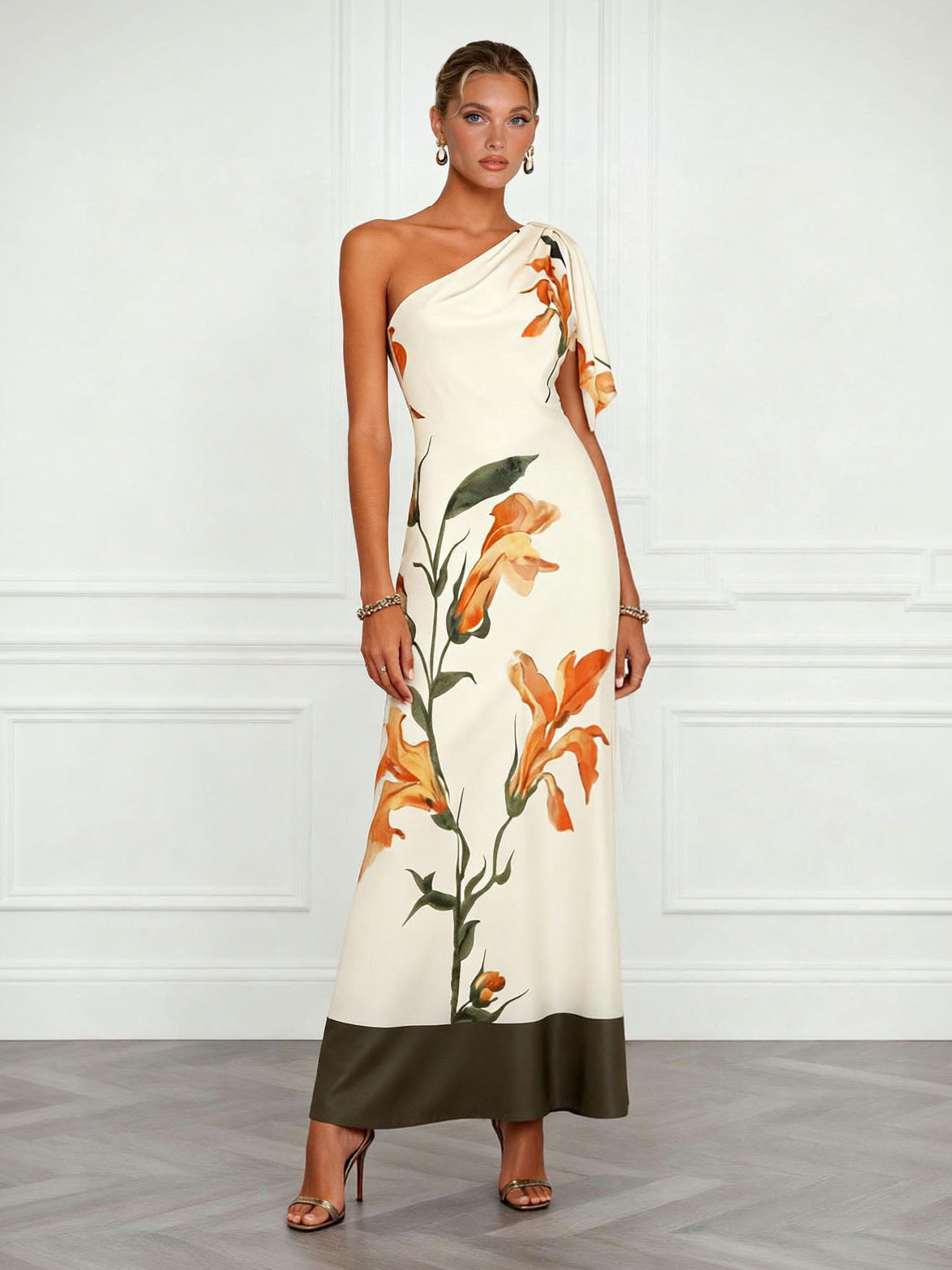 Elegant One-Shoulder Botanical Print Maxi Dress Cream