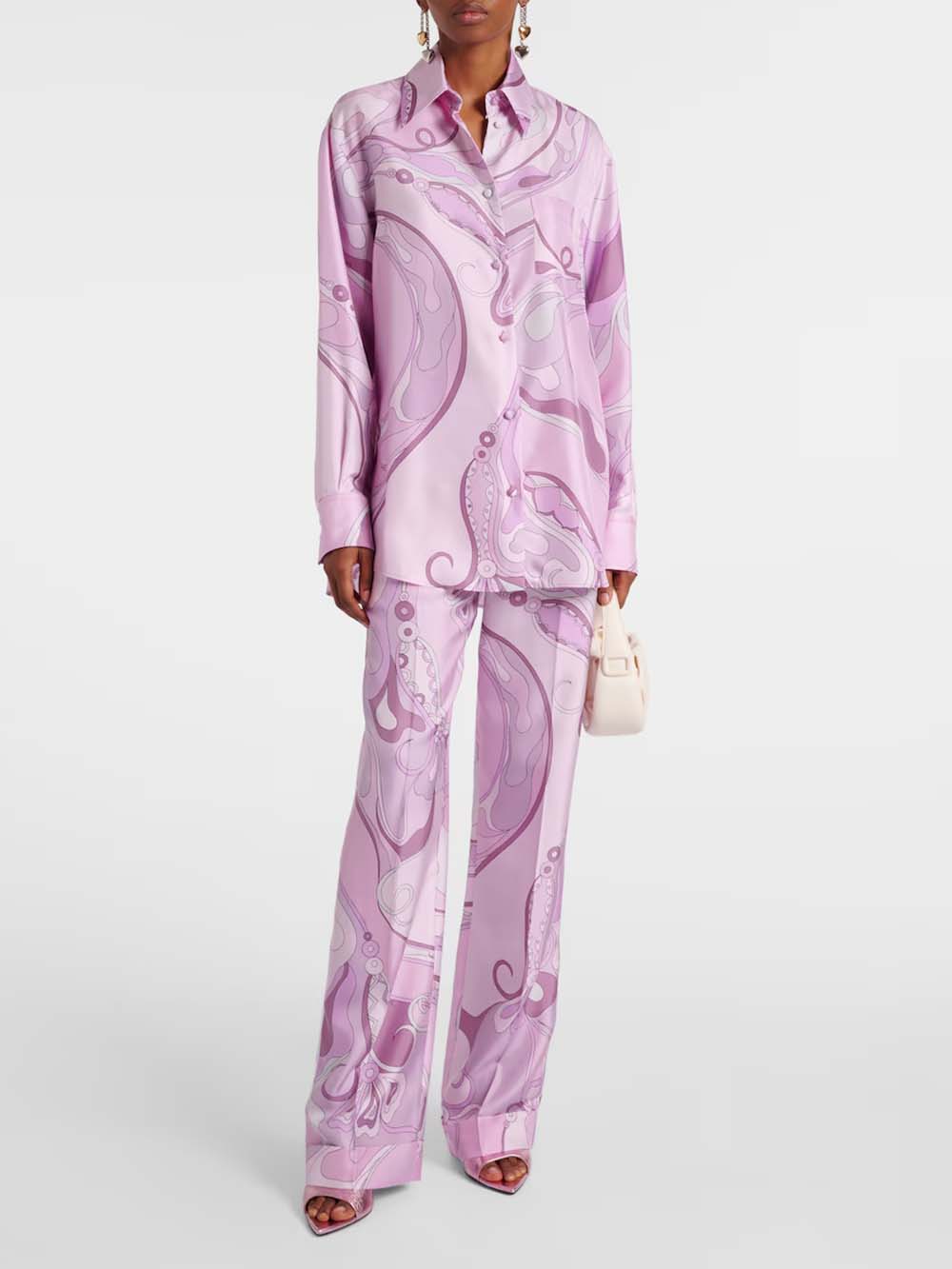 Exquisite Orchid Print Satin Twill Button Shirt & Straight-Leg Pants Set Purple Set