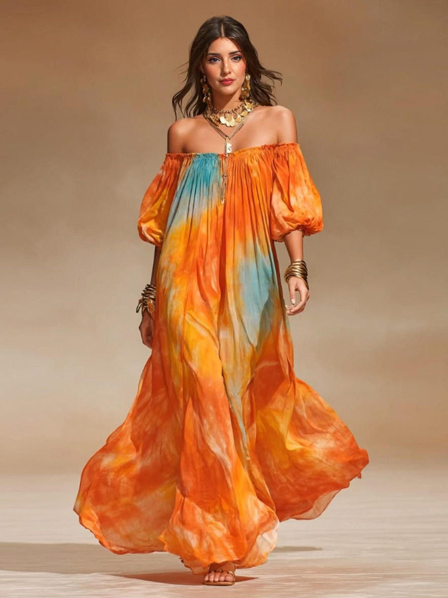 Sunset Gradient Flowy Beach Maxi Dress Orange