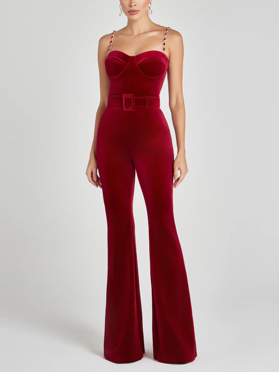 Elegant Velvet Crystal Suspender Red Jumpsuit Red