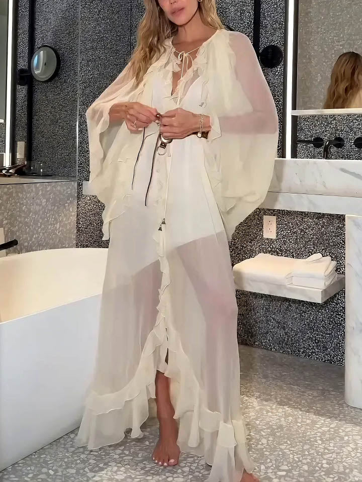Elegant Ruffled Chiffon Flowy Maxi Dress Cream