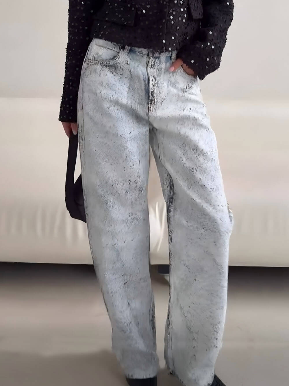 Retro Pocket Wide-Leg Denim Jeans White