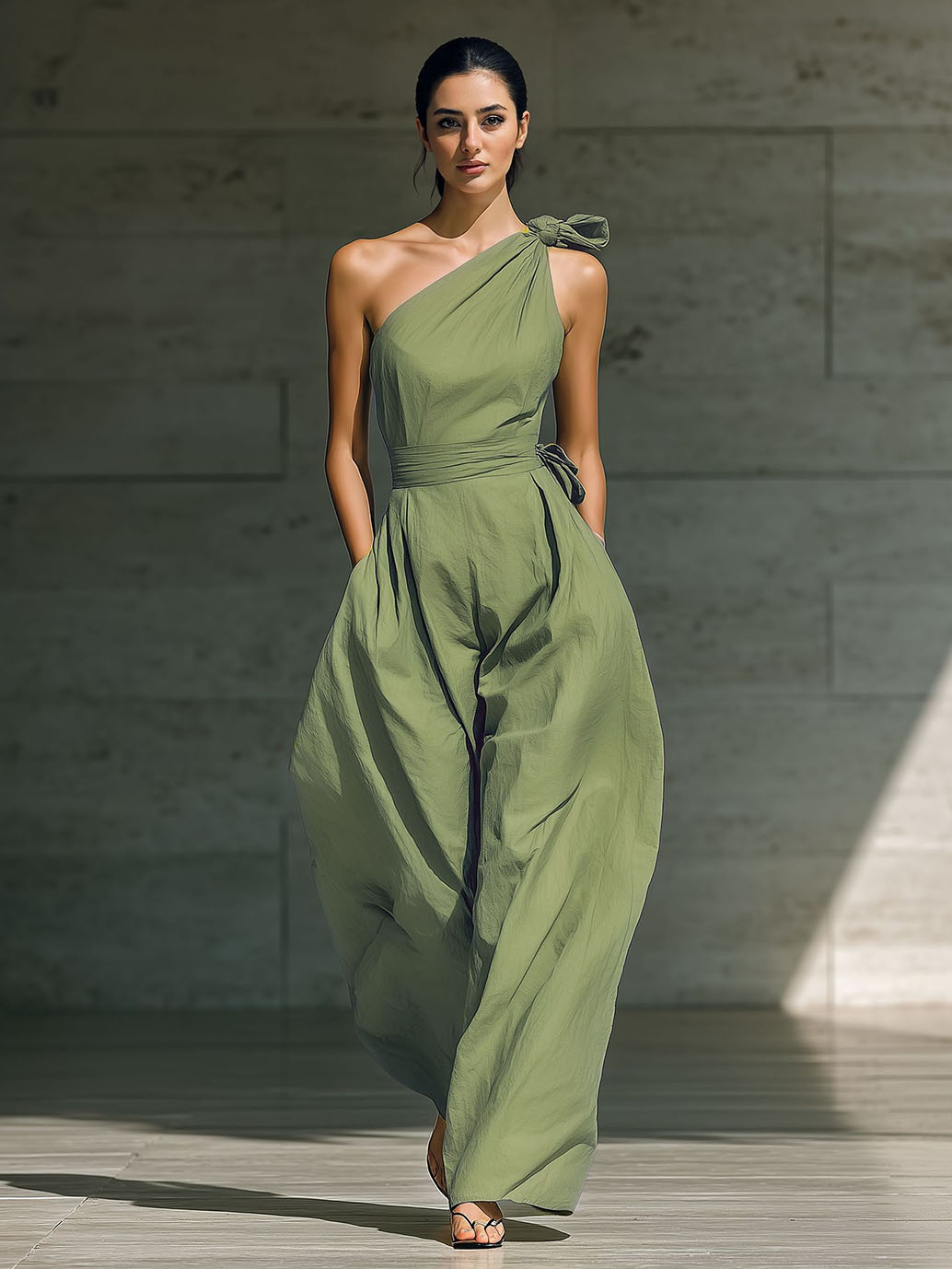 Casual One-Shoulder Tie-Strap Wide-Leg Jumpsuit Green
