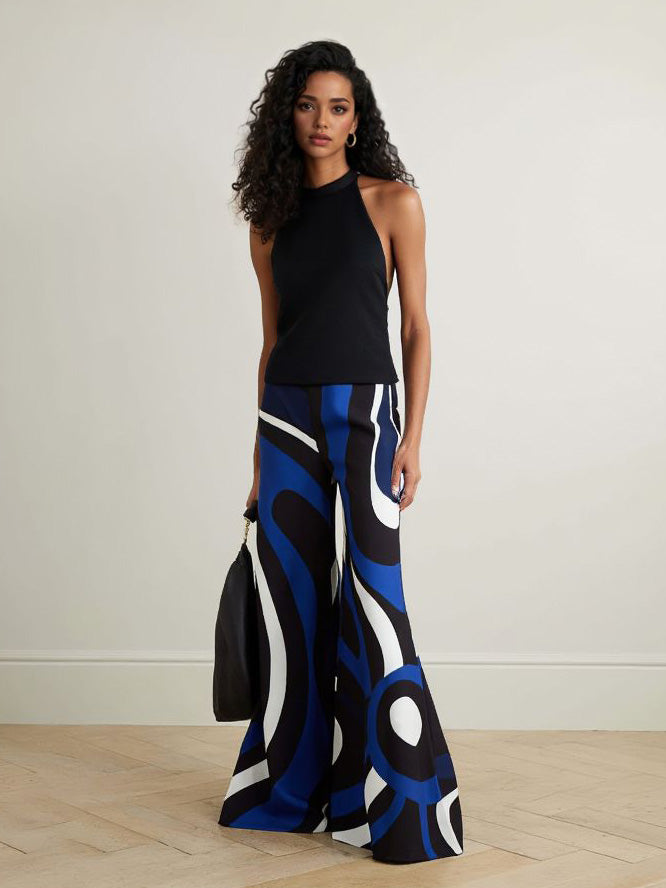 Elegant Blue Stripe Print Halter Neck Jumpsuit Blue