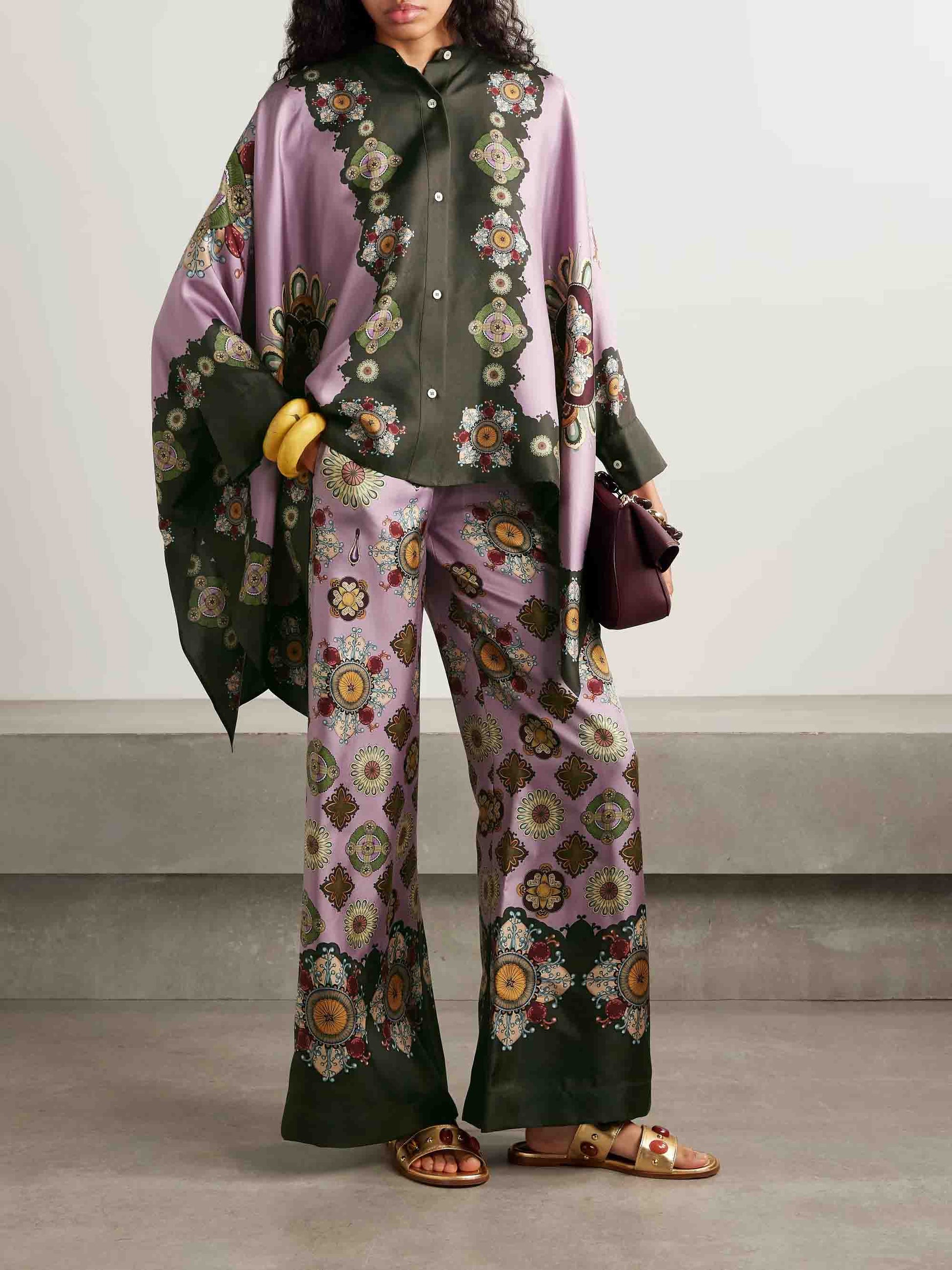 Retro Fine Satin Floral Print Wide-Leg Pants