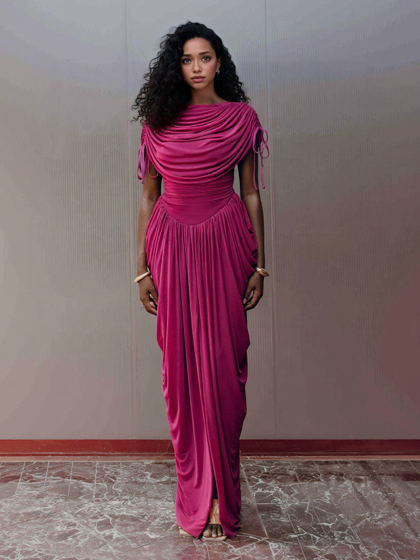 Modern Grecian-Style Fuchsia Draped Maxi Dress Fuchsia